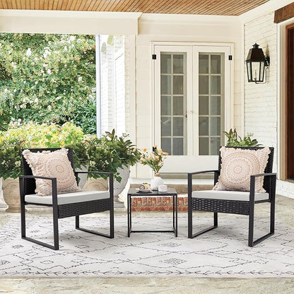 Flamaker 3 Pieces Patio Furniture Outdoor Wicker Modern Rattan Chair Conversation Sets with Coffee Table for Yard, Bistro(White)