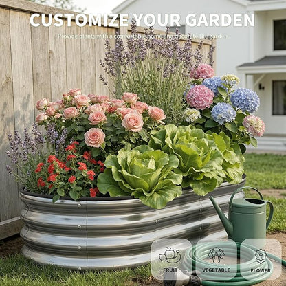 Galvanized Metal Raised Garden Bed Kit for Outdoor Planter Boxes with Easy Assembly,Oval Large Galvanized Gardening Raised Bed for Vegetables, Fruits, Flower (Silver, 4 * 2 * 1ft-2P)