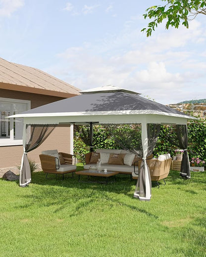Canopy Tent 13x13 ft, Pop Up Gazebo One-Push Setup with 4 SandBags for Backyard Parties and BBQs, Mosquito Netting & Height Adjustable - Grey