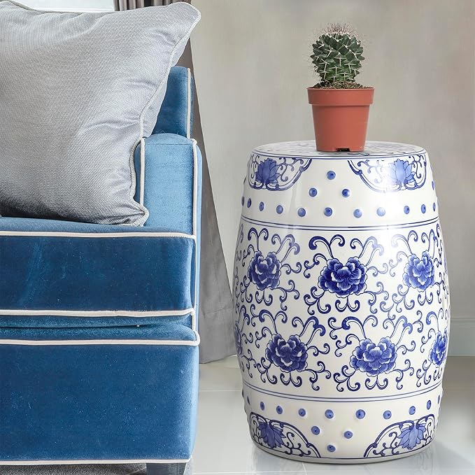 Decorative Garden Stool, Blue and White Ceramic Lotus Drum, 17.75 Inch