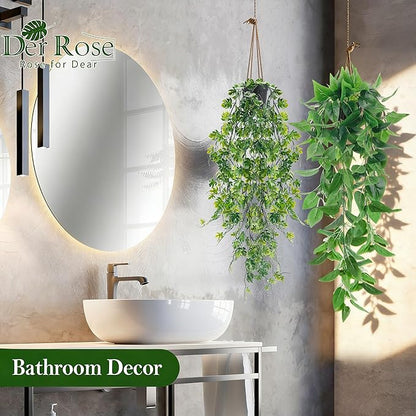 Der Rose 8Pcs Fake Plants Hanging Artificial Ivy Vine Faux Eucalyptus Hanging Plants for Home Boho Wall Shelf Indoor Outdoor Decor (Black Pots)