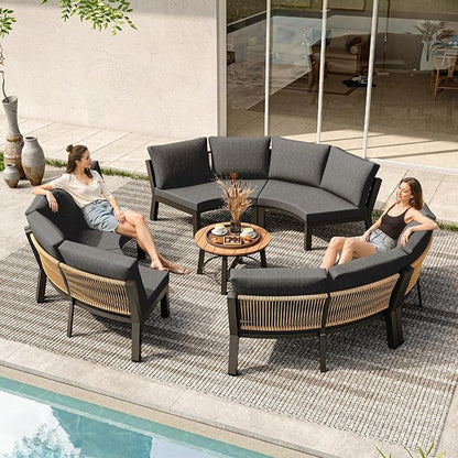 Outdoor Aluminum Patio Furniture Set, 7 Piece Curved Outdoor Sectional Sofas with Coffee Table, PE Rope Patio Conversation Sets, All-Weather Patio Couch Sets with Cushions, Graphite