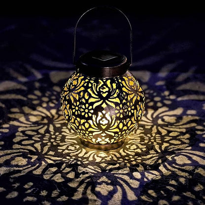 2 Pack Outdoor Solar Hanging Lantern Lights Metal LED Decorative Lamp for Garden Patio Courtyard Lawn and Table with Hollowed-Out Design (Bronze)