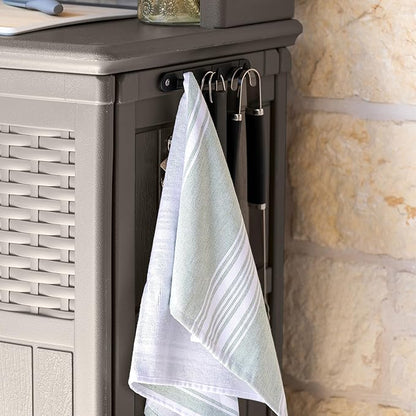 Suncast Patio Plastic Storage and Prep Station with Decorative Wicker Pattern and Multi Wall Panels for Patio, Garden, and Lawn Use, Stoney Gray