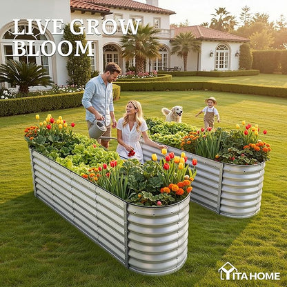 YITAHOME 24" Tall 9 in 1 Large Raised Garden Bed Kit, 8x2x2ft Galvanized Metal Planter Box with Gloves and Safety Rubber, Outdoor Above Ground Planters for Plants Vegetables Flowers, Silver