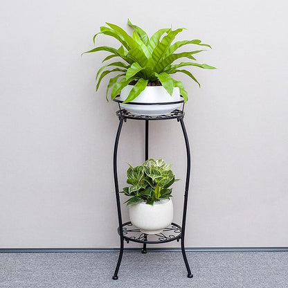 FaithLand 2 Pack Metal Plant Stands, Tall Planter Holder Indoor Outdoor, 2 Tier Round Potted Supports Rack, Corner Display Shelf Black