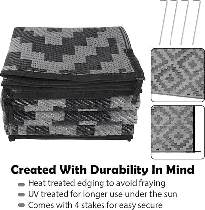 SAND MINE Waterproof Outdoor Rug 6x9 ft, Plastic Reversible Rug, Modern Area Rug, Large Floor Mat for Outdoors, RV, Patio, Backyard, Deck, Picnic, Beach, Camping, Black Grey Lattice