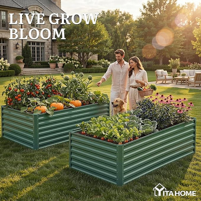 YITAHOME 4pcs 72x36x24 in Galvanized Raised Garden Bed Kit, Large Metal Planter Box with Gloves & Support Rod, Outdoor Flower Bed for Plants Vegetables, Green