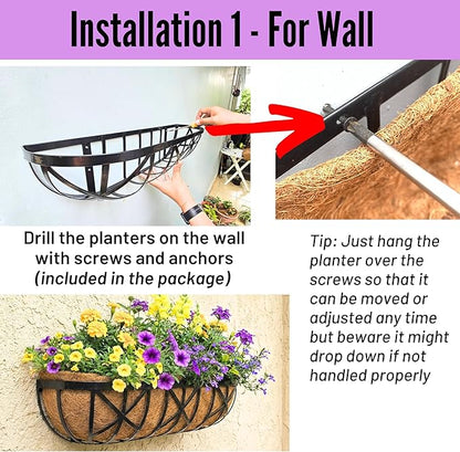 LaLaGreen 24 Inch, 4 Pack Window Boxes Planters – Black Metal Window Boxes for Outdoor Plant, Wall Mount Flower Pot with Coco Coir Liner, Attach to House Fence Balcony Herb for Patio Porch Garden