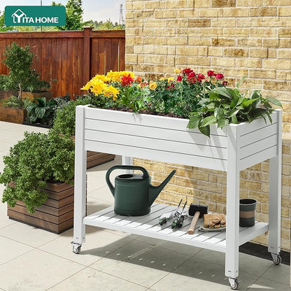 YITAHOME 3.6x1.5x2.8 FT Elevated Garden Bed Kit with Legs and Wheels, Outdoor Large Resin Planter Box Stand with Drain Plug and Storage Shelf for Plants Vegetables Fruits, Grayish-White
