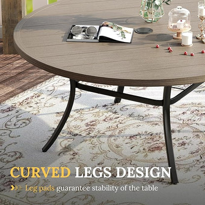 VICLLAX 63" Outdoor Round Patio Table with Umbrella Hole, All Weather Metal Round Outdoor Dining Table for Lawn Garden, 8-10 Person Table, Grey Wood Grain