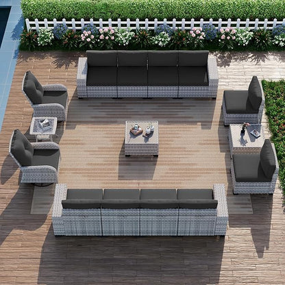15-Piece Outdoor Patio Furniture Set with Rocking Swivel Chair Wicker Sectional Sofa Set, Patio Conversation Set with Thickened Cushions & Coffee Table for Garden, Backyard, Dark Grey