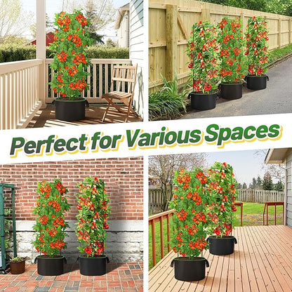 ANPHSIN 3 Sets Tomato Cages with 7 gal Grow Bags - 47'' Stable Plant Garden Planters, Flexible Vegetable Trellis for Balcony Deck Yard Tomatoes Peppers Eggplants Flowers