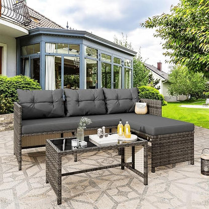 Vongrasig 3 Pieces Patio Furniture Sets, All-Weather Wicker Outdoor Sofa Couch Sectional Set, Small Conversation Set for Patio, Garden w/Cushion, Glass Table, (Grey)