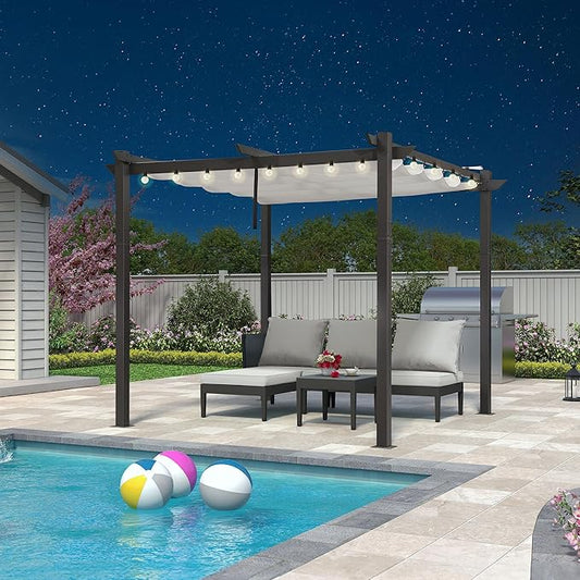 PURPLE LEAF 10' x 10' Outdoor Retractable Pergola with Double Sun Shade Canopy Patio Aluminum Pergola Metal Shelter with Light for Backyard Deck Garden, White
