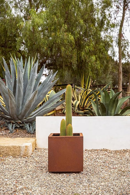 Veradek Corten Steel Series Cube Planter - Square Metal Planter for Outdoor Patio/Garden | Naturally Rusting Steel for All-Weather Use | Modern Rustic Décor for Trees, Flowers, Tall Trees