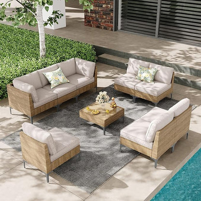 9-Piece Patio Furniture Set, Outdoor Wicker Sectional Sofa with Coffee Table, Anti-Slip & Thick All-Weather Cushions for Sunroom,Garden,Backyard, Beige