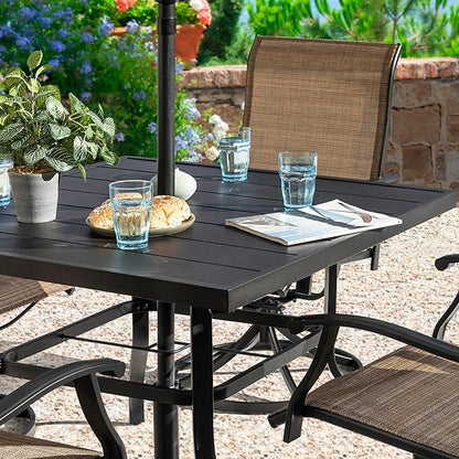 NUU GARDEN Outdoor Patio Dining Set, 4 Swivel Textilene Dining Chairs and 37" Square Dining Table with 1.57'' Umbrella Hole, Powder Coated Iron Frame, for Patio, Garden, Backyard, Black and Brown