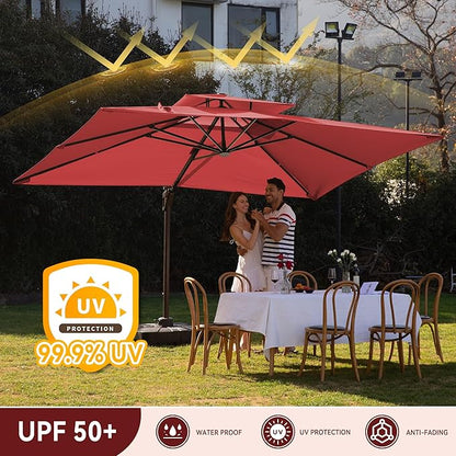 10 X 13 FT Cantilever Outdoor Patio Umbrella with Base Included with Led Lights Large 360° Rotation Double Top Offset Heavy Duty Rectangular Umbrellas for Backyard Outside Deck, Wine Red