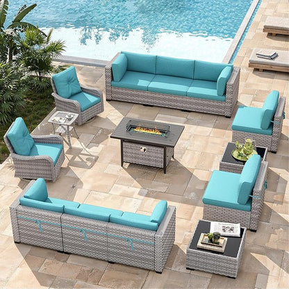 10-Seat Outdoor Wicker Patio Furniture Set with Fire Pit Table, Modular Rattan Sectional Sofa & 2 Swivel Rocking Chairs, 4" Thick Cushions, Rust-Resistant Frame,Blue