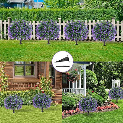 Artificial Boxwood Topiary Ball with Lavender, Set of 2 Artificial Shrub Bushes with Ground Spike, UV Resistant Fake Evergreen Plant Tree for Porch Outdoor Planters Indoor Valentine's Day