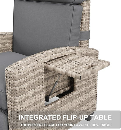 Garvee Outdoor Recliner Chair, 145° Adjustable Backrest & Footrest Lounge Chair with Removable Cushion and Flip-Up Side Table, All-Weather PE Wicker & Steel Frame for Poolside, Deck, Balcony, Khaki
