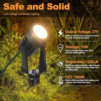 Outdoor Landscape Lighting Waterproof with 45.9FT Cable & built-in LED Light, Low Voltage 12W 1200LM Plug in Electric LED Spot Light 3000K Uplight with Transformer for Garden Yard Tree Path, Pack of 4