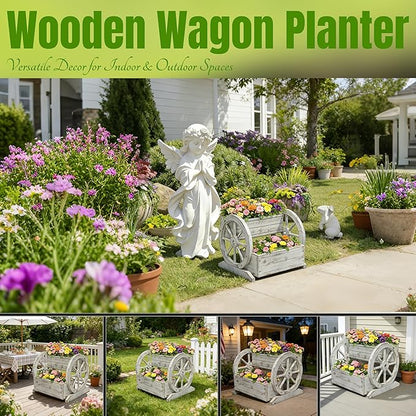 NestNature Wooden Wagon Planter Box,Raised Garden Bed,Decorative Garden Planters with Wheels-Outside Flower Pots for Indoor/Outdoor Décor Plants (Antique White)