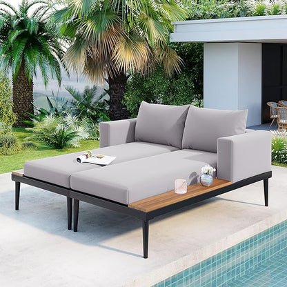 Outdoor Double Metal Daybed, with Wood Topped Side for Drinks, 2 in 1 Padded Sun Lounger with Cushions & Pillows, Patio Chaise Lounge Chair for Poolside Lawn Garden, Gray