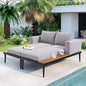 Outdoor Double Metal Daybed, with Wood Topped Side for Drinks, 2 in 1 Padded Sun Lounger with Cushions & Pillows, Patio Chaise Lounge Chair for Poolside Lawn Garden, Gray