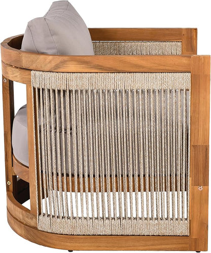Merax 4-Piece Patio Premium Acacia Wood Outdoor Furniture Set,All Weather Curved Tub Design with Woven Rope Accents Loveseat Chairs and Table for Backyard, Balcony and Deck,Teak+Grey