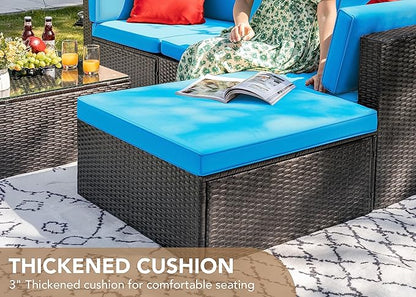 Devoko 5 Pieces Patio Furniture Sets All Weather Outdoor Sectional Patio Sofa Manual Weaving Wicker Rattan Patio Seating Sofas with Cushion and Glass Table (Blue)