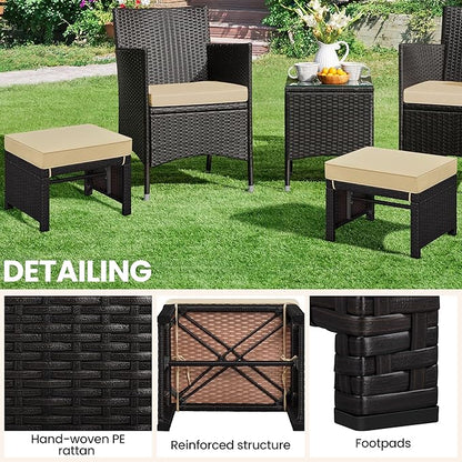 Yaheetech Wicker Ottomans, Set of 2 Footrest with Removable Cushion, 2pcs PE Rattan Side Table Additional Seating Multipurpose Outdoor Furniture for Patio, Backyard, Brown/Khaki