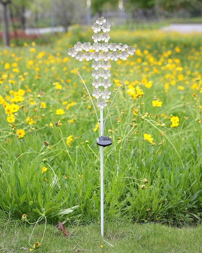 White Cross Garden Stake Solar Lights Metal Hydrangea Cross Stake Memorial Gift w/ 28 LEDs Perfect Sympathy Gifts (10" W x 40" H)