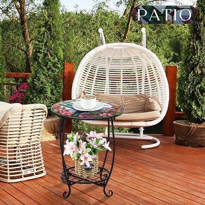 Outdoor Side Table Round Small Mosaic Patio Accent Indoor End Plant Coffee Tea Table for Yard Patio Porch Garden Living Room, Bedroom(Hummingbird Style,18 Inch)