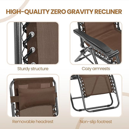 Yaheetech 26" Zero Gravity Recliners Outdoor Adjustable Folding Reclining Lounge Chairs w/Pillows, Cup Holder Trays and Carry Strap for Patio Backyard Beach Brown Set of 2
