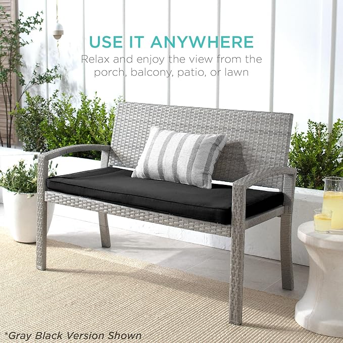 Best Choice Products Outdoor Bench 2-Person Wicker Garden Patio Benches Seating Furniture for Backyard, Porch w/Seat Cushion, 700lb Capacity - Deep Burgundy/Black