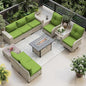 10-Piece Outdoor Patio Furniture Set with Rocking Swivel Chair, PE Wicker Rattan Sectional Sofa Patio Conversation Set with 55,000 BTU Fire Pit Table & Coffee Table, Avocado Green