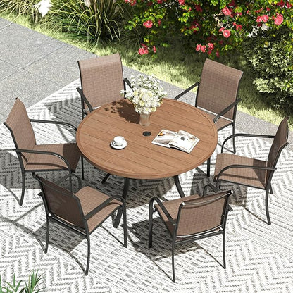 VICLLAX Patio Dining Set for 6, Outdoor Furniture Set Includes 47.2" Round Patio Table and 6 Patio Sling Chairs, Walnut Tabletop and Brown Fabric