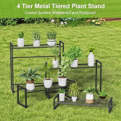 Plant Stand, 4 Tier Stackable Tiered Plant Stand, Scalable Heavy Duty Tall Plant Shelf for Indoor Outdoor, Garden, Display Shelves, Flower Pot Holder, Black