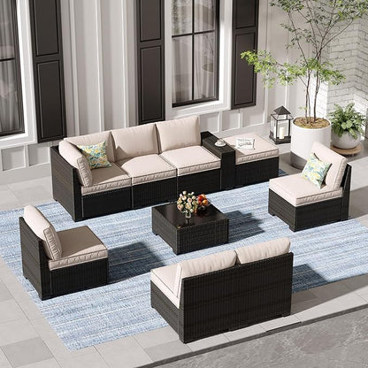 Jing's Villa 9-Piece Patio Furniture Set, All-Weather Outdoor Wicker Sectional Sofa with Cushions, Tempered Glass Table & Ottoman, Rattan Conversation Seating for Porch, Garden, Backyard,Beige