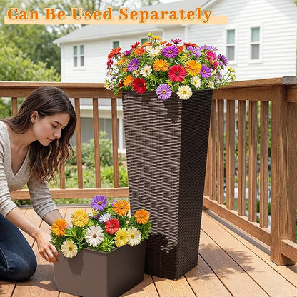 Greesum 32 Inch Tall Plastic Planters with Rattan Texture – Set of 2, Detachable Inner Pot & Drainage Holes, Indoor/Outdoor Decorative Flower Pots for Large Plants, Trees, Patio, and Garden, Brown