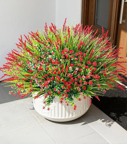 HyeFlora 20 Bundles Artificial Fake Outdoor Plants Flowers for Spring Decoration, UV Resistant Realistic Red Plastic Flowers Faux Plant Monkey Grass for Planter Home Garden Porch Patio Window Box