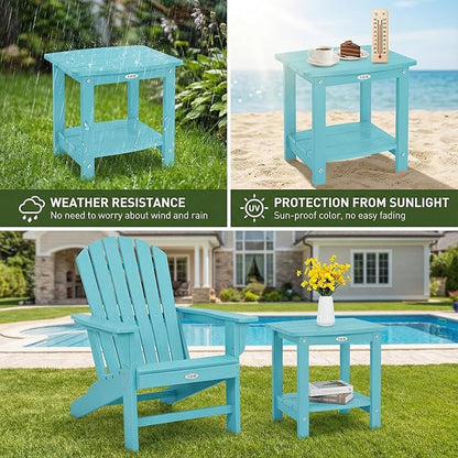 Y&M Outdoor Side Table, HIPS Adirondack Small Double Layer Table, Waterproof Square Outside Table, Balcony End Tables for Patio, Pool, Porch, Deck, Indoor or Outdoor Use, Light Blue
