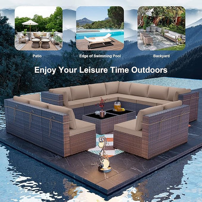 ALAULM Patio Furniture Set with Coffee Table, 14 Pieces Outdoor Sectional with Wide Seat and Thick Cushion, All Weather Wicker Rattan Conversation Set for Backyard, Garden, Deck, Sand