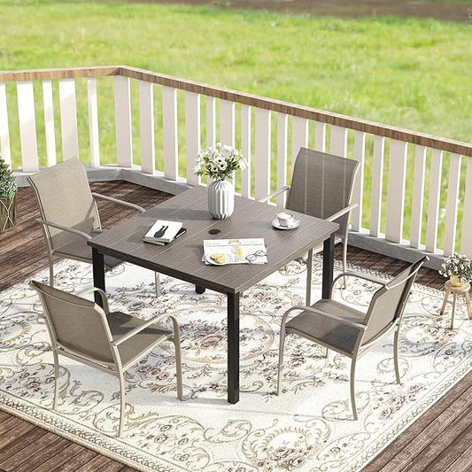VICLLAX Outdoor Dining Set for 4, 5 Pieces Patio Dining Furniture Set with Umbrella Hole- 40.2" Patio Table and Chairs for Balcony, Garden and Deck, Grey Wood Grain Tabletop