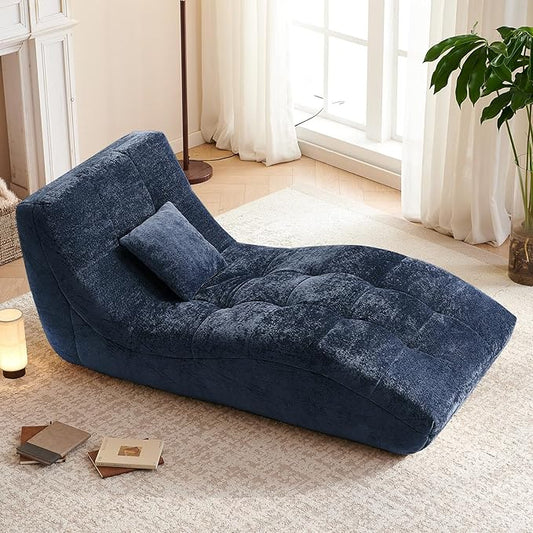 Chaise Lounge Chair with Curved Back, Modern Upholstered Recliner Sofa, Tufted Accent Lounger Comfortable Lazy Chair for Bedroom, Apartment (Blue)