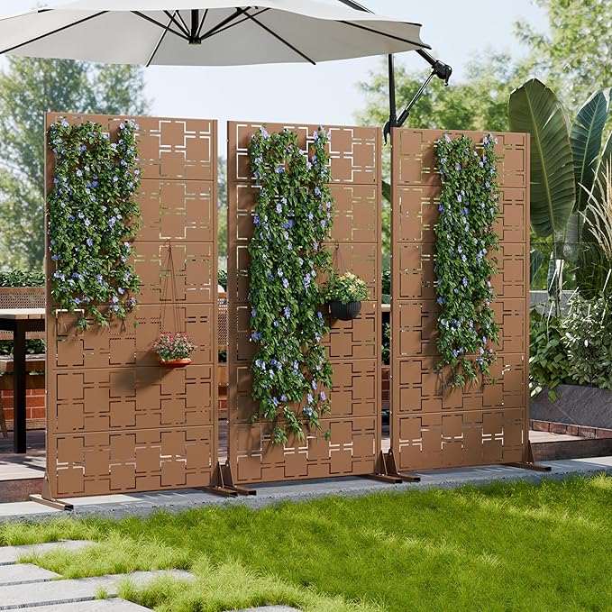 Casaphoria Metal Privacy Screen Outdoor, 72" H x 35" W Freestanding Decorative Privacy Screen for Patio Deck Balcony Garden with Stable Base, Brown-Square