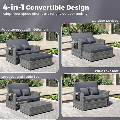 HAPPYGRILL Patio Rattan Wicker Daybed with Loveseat & Storage Ottoman, Outdoor Lounge Sofa Furniture Set with Adjustable Backrest & Side Trays, for Poolside Deck Porch Lawn (Mix Grey & Grey)