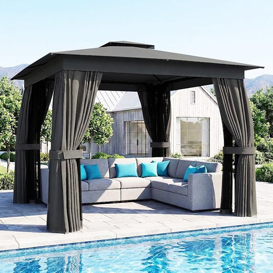 Outsunny 10' x 10' Outdoor Patio Gazebo, Heavy Duty Gazebo Canopy Shelter with Double Roof, Curtains, Netting, Steel Frame, UPF30+ Protection, Ceiling Hook for Lawn, Backyard, Deck, Dark Gray
